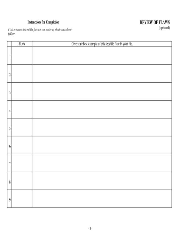 Blank flaw review worksheet with numbered rows 1-9