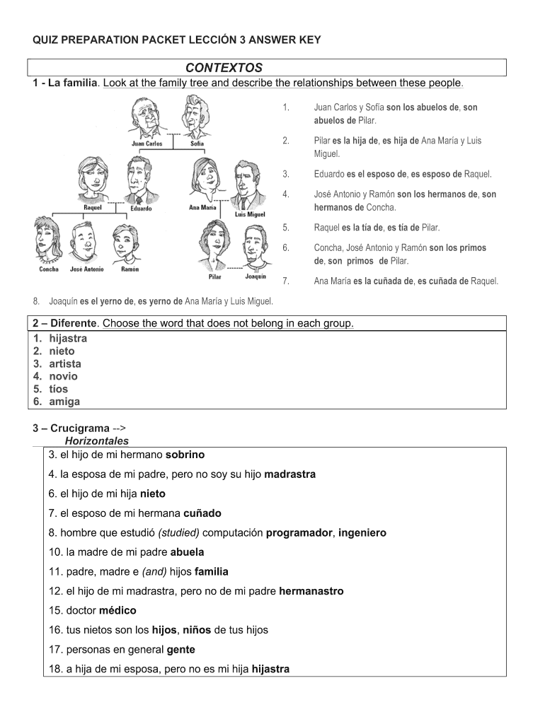 Spanish family tree worksheet answer key page