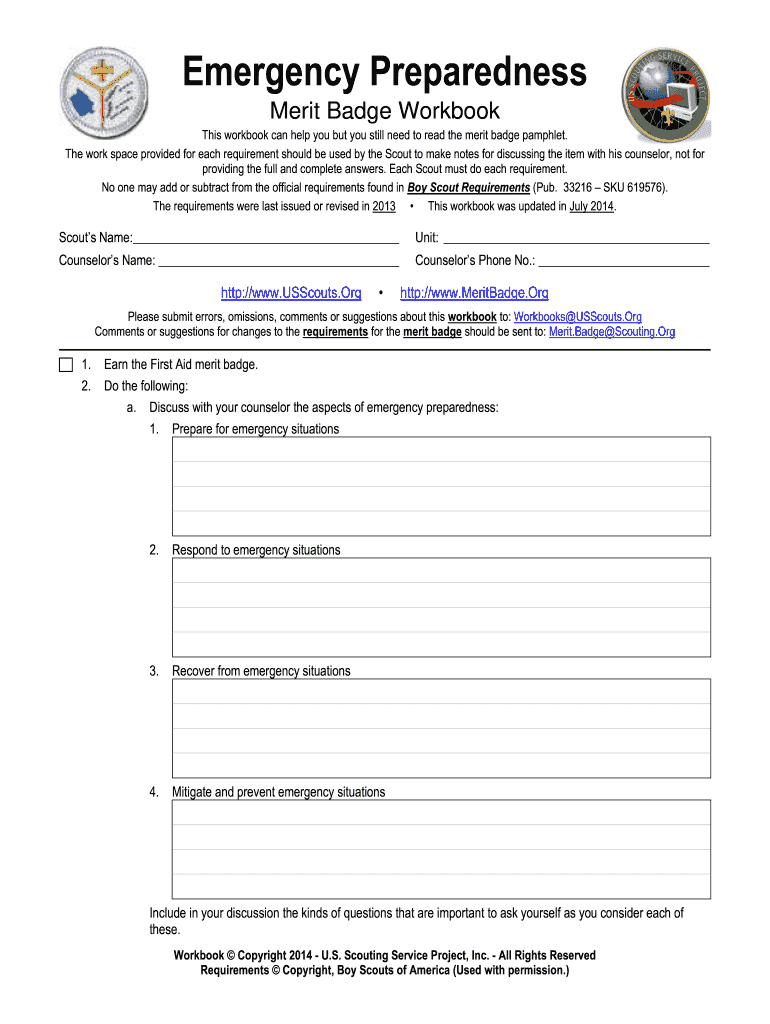 Emergency Preparedness merit badge workbook form with blank lines