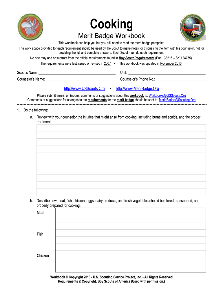 Cooking merit badge workbook page with blank lines