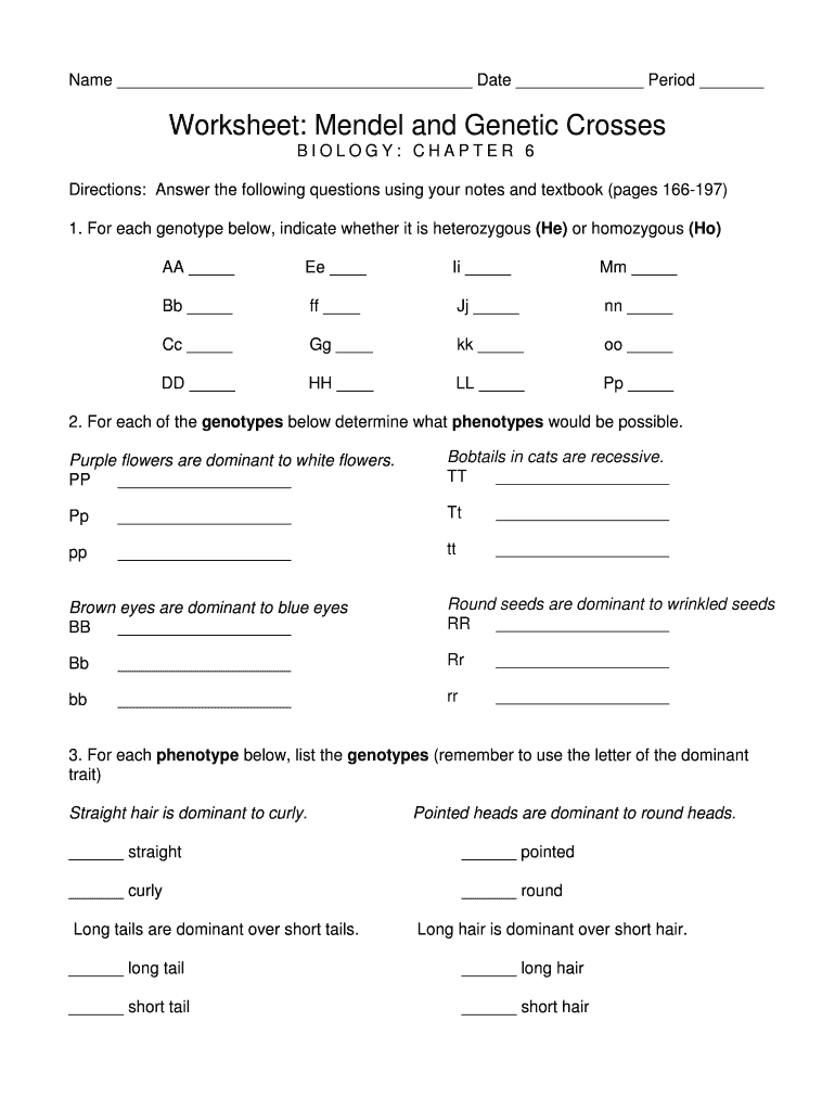 Mendelian genetics worksheet with blank answer lines