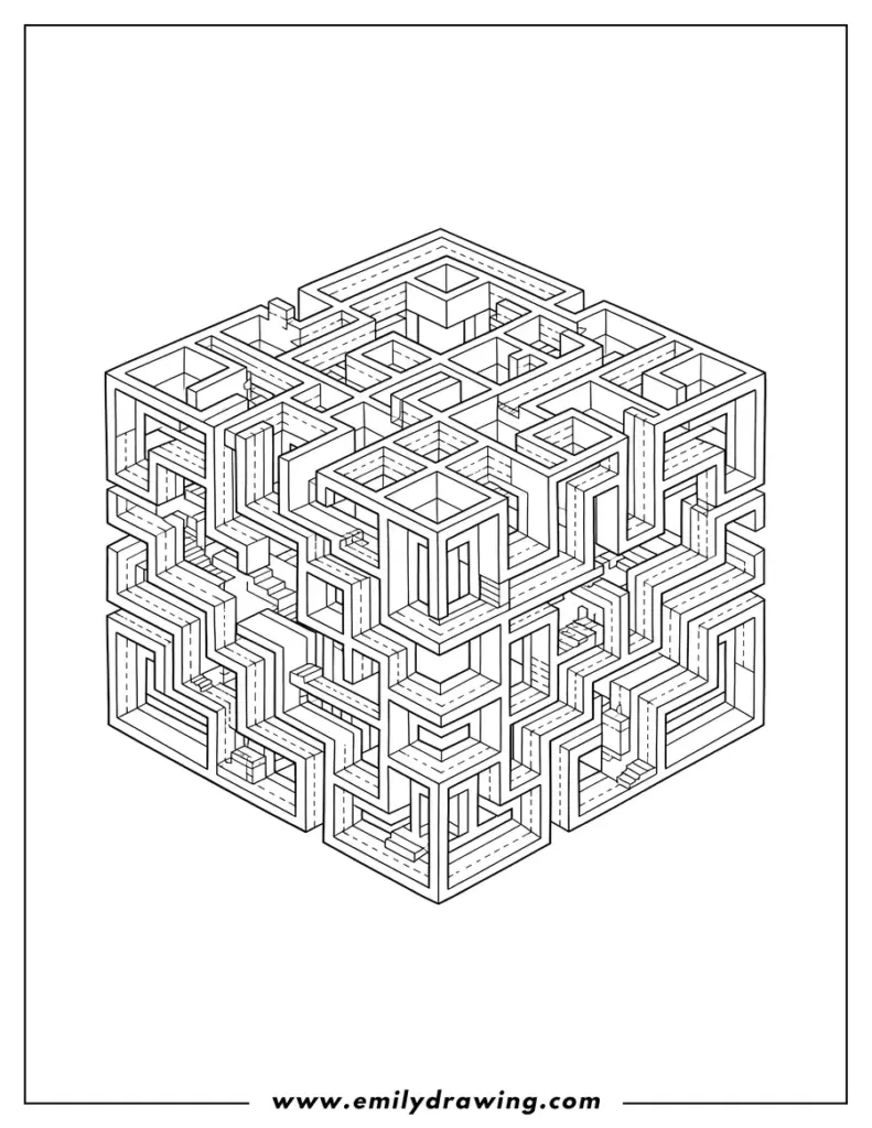 Intricate black-and-white geometric cube maze drawing