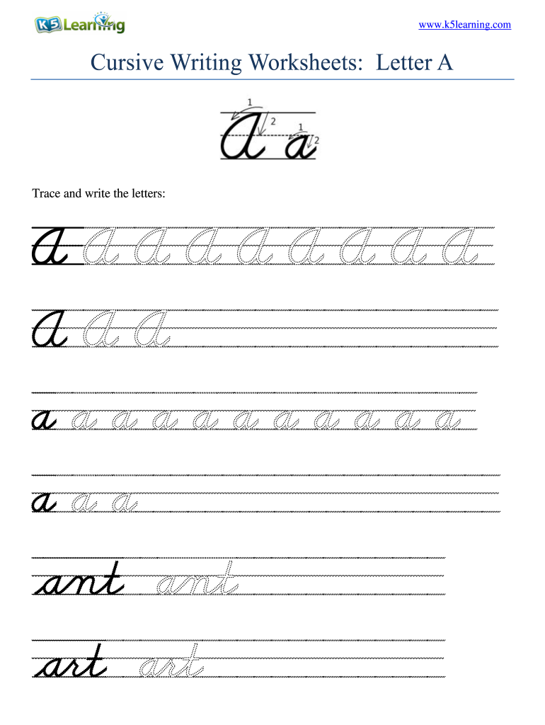 Cursive writing worksheet for letter A traces