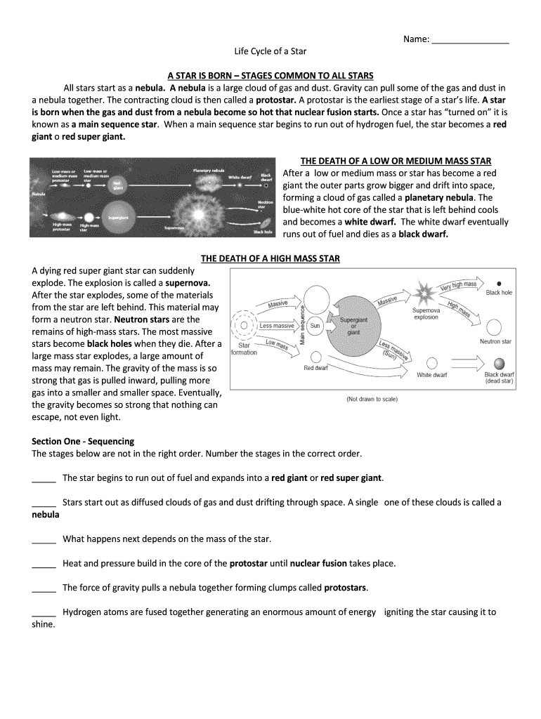 Star life cycle worksheet with diagrams and questions