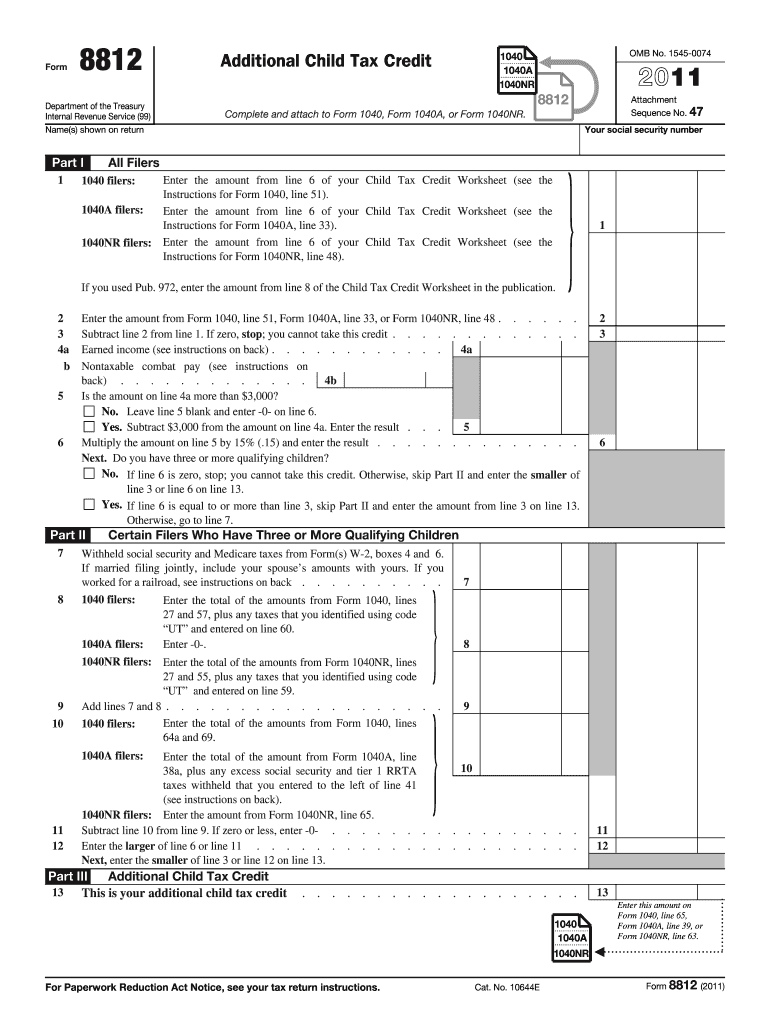 IRS Form 8812 Additional Child Tax Credit worksheet page