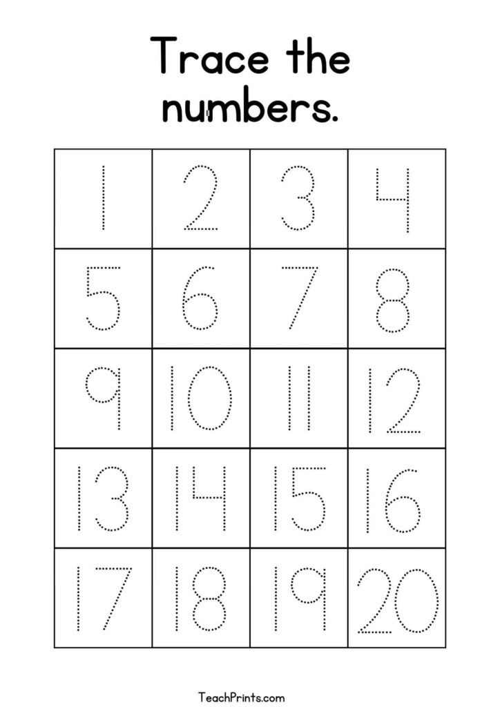 Printable worksheet with dotted numbers one to twenty