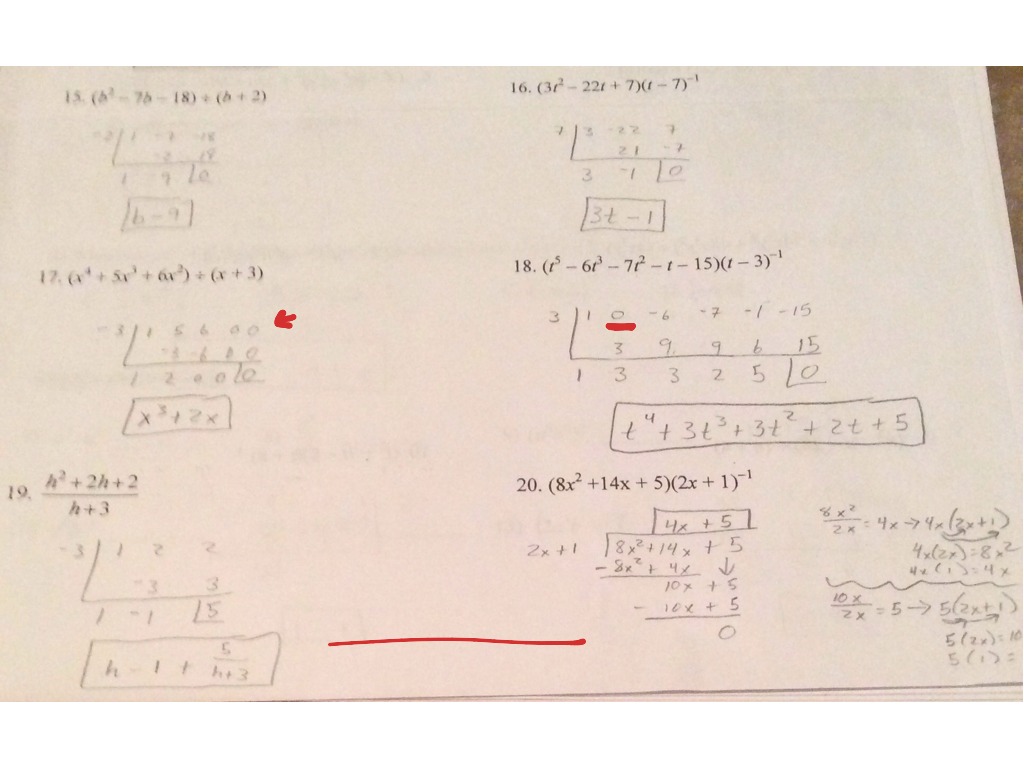 Math worksheet with polynomial division work and markings