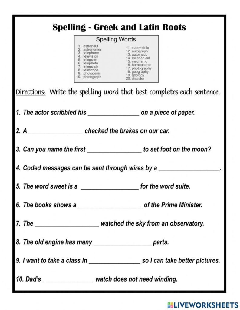 Greek and Latin roots spelling worksheet page