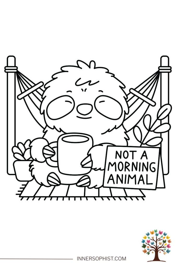 Cartoon sloth holding mug in hammock with sign