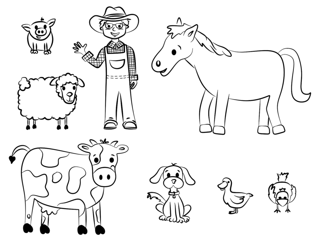 Black-and-white farm animals and farmer cartoon drawing