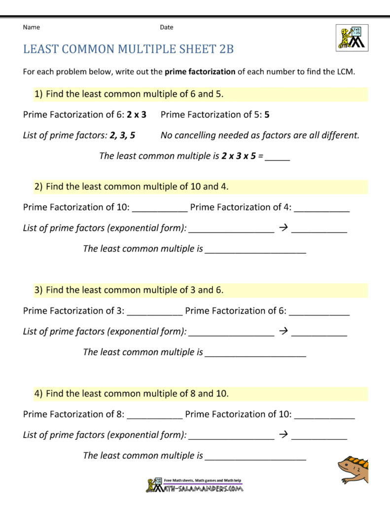 Math worksheet about least common multiples and prime factorization