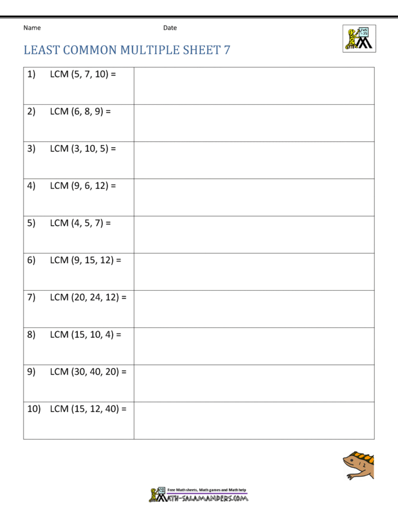 Least common multiple worksheet with ten problems