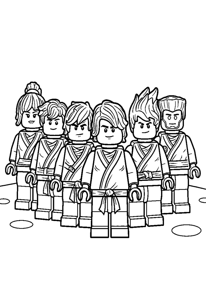 Six LEGO-style ninja characters standing together in line