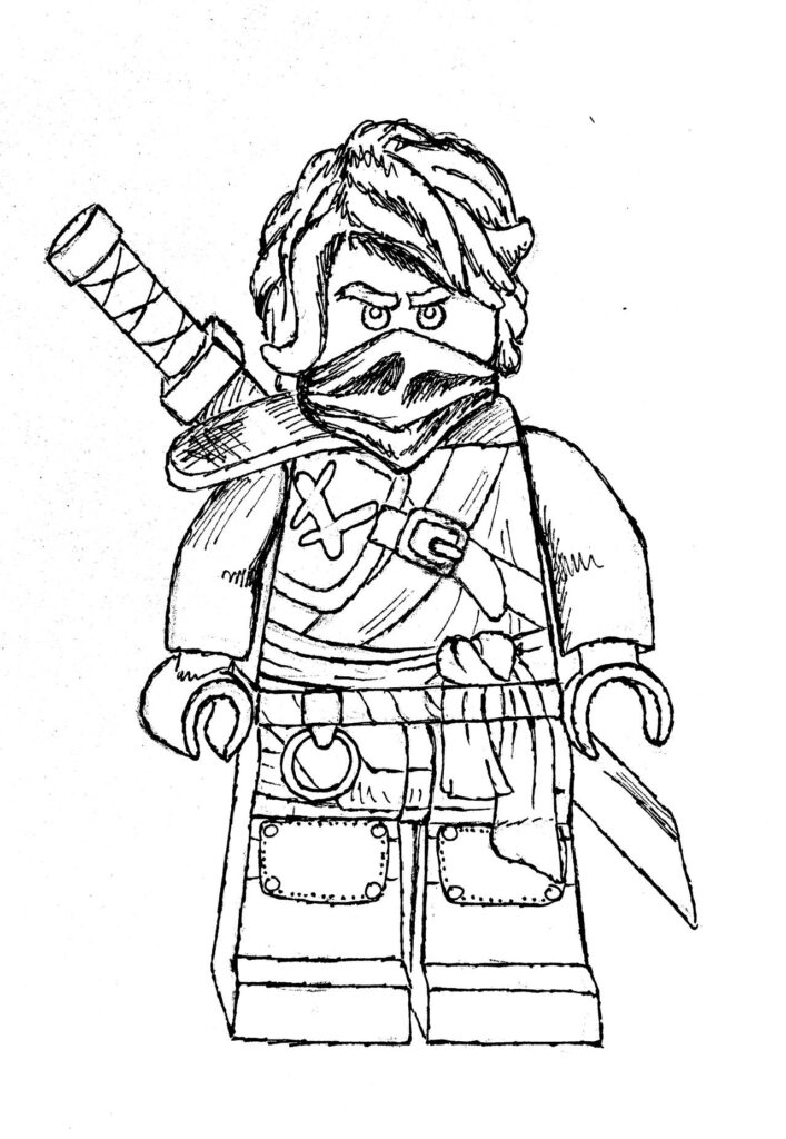 Black-and-white drawing of a ninja minifigure with sword