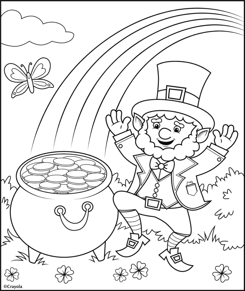 Leprechaun beside pot of gold under rainbow