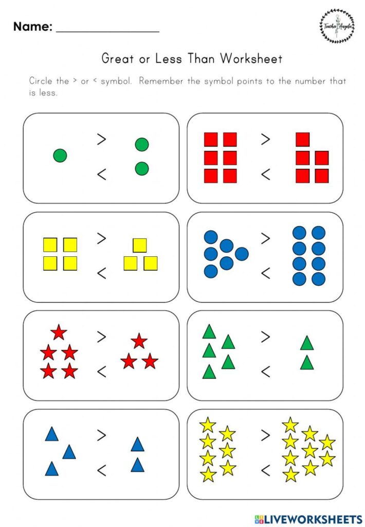 Great or less than worksheet with colored shapes