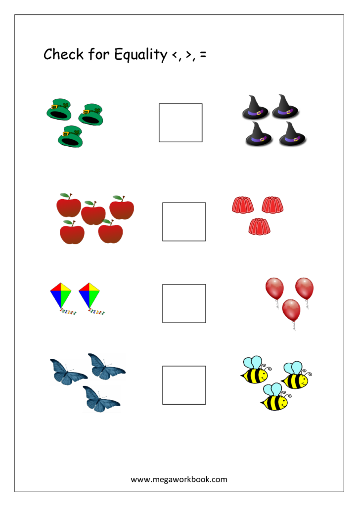 Counting worksheet with pictures and empty comparison boxes