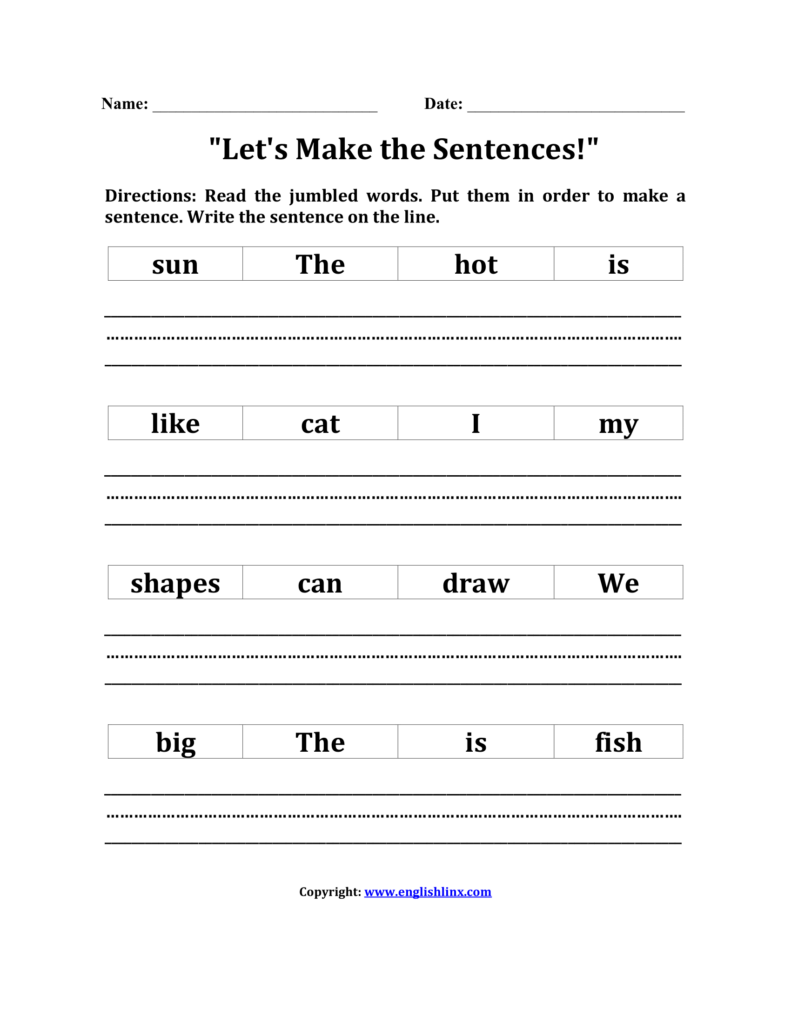 English sentence worksheet with jumbled words and writing lines