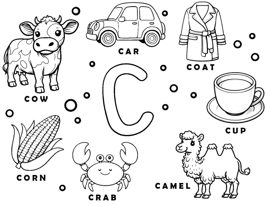 Letter C surrounded by labeled cartoon objects and animals