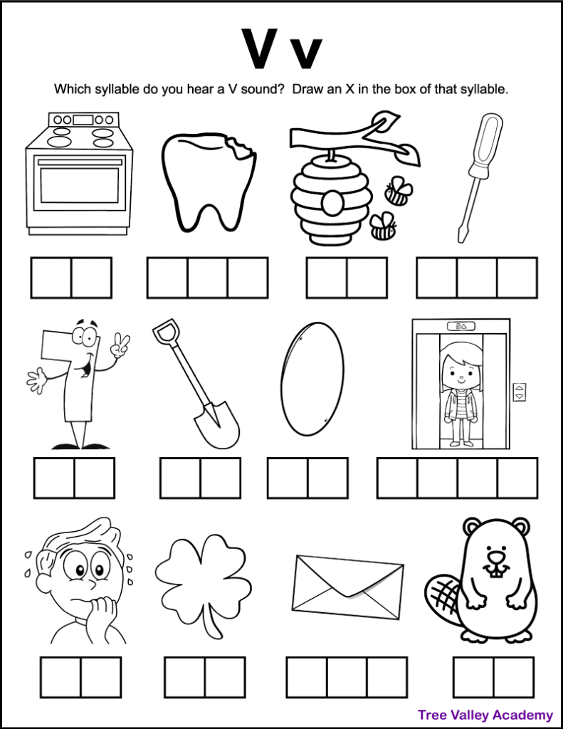 Phonics worksheet with Vv and simple black-and-white drawings