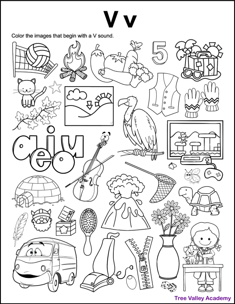 Letter V worksheet with many vowel objects to color