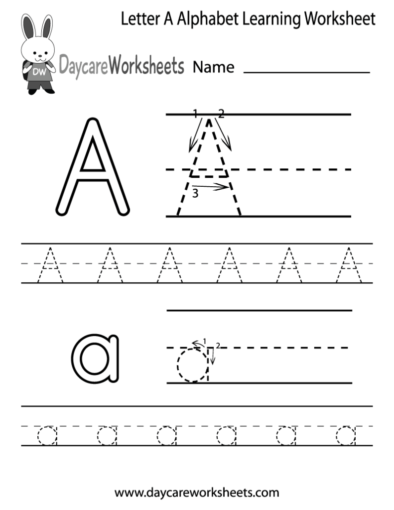 Letter A alphabet tracing worksheet with bunny logo