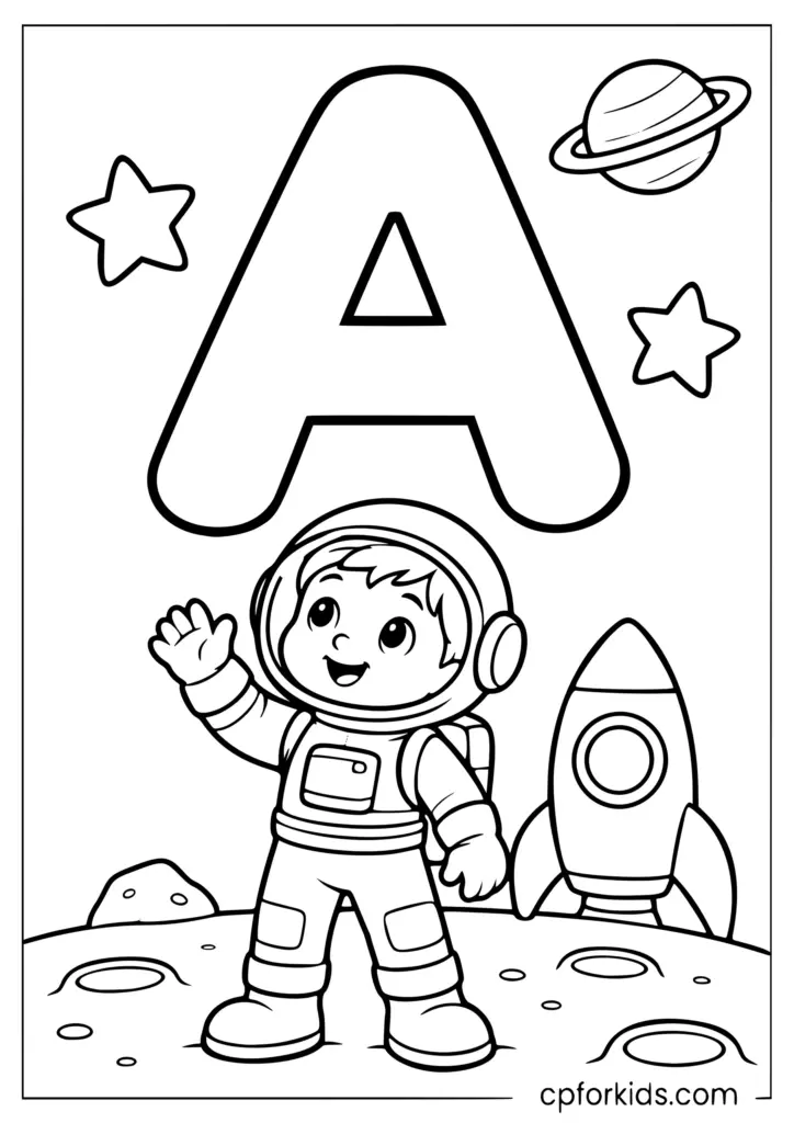 Large letter A with astronaut, rocket, stars