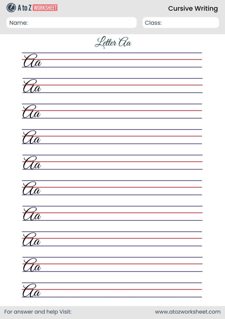 Cursive writing worksheet for letter Aa with lined practice rows