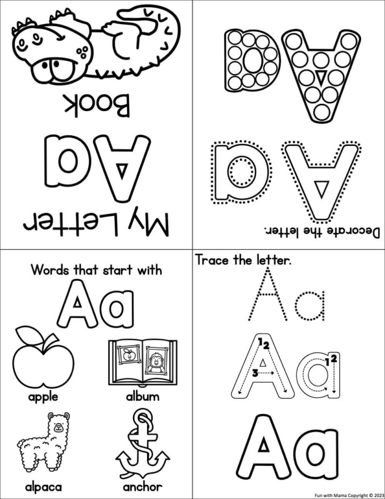 Four alphabet worksheet pages for A and B, upside down split view