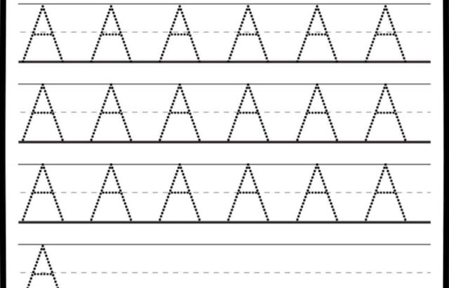 Printable uppercase A tracing worksheet with lines and child illustration