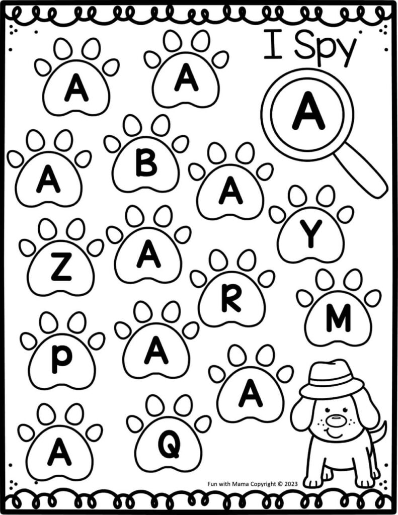 Alphabet paw prints with magnifying glass and dog illustration
