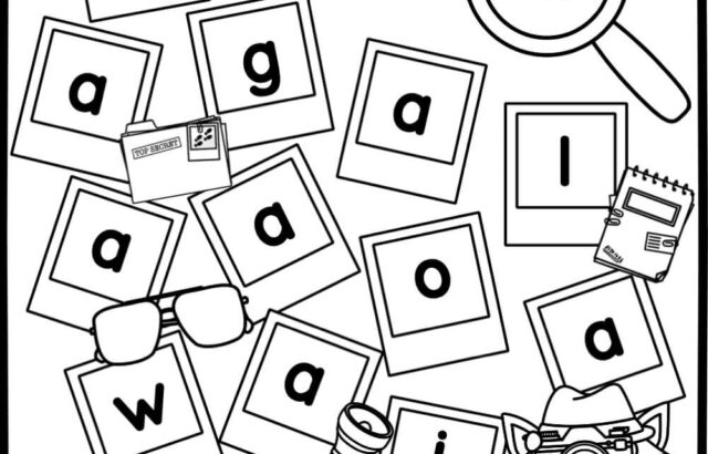 Letter i Spy worksheet with scattered alphabet cards and spy icons