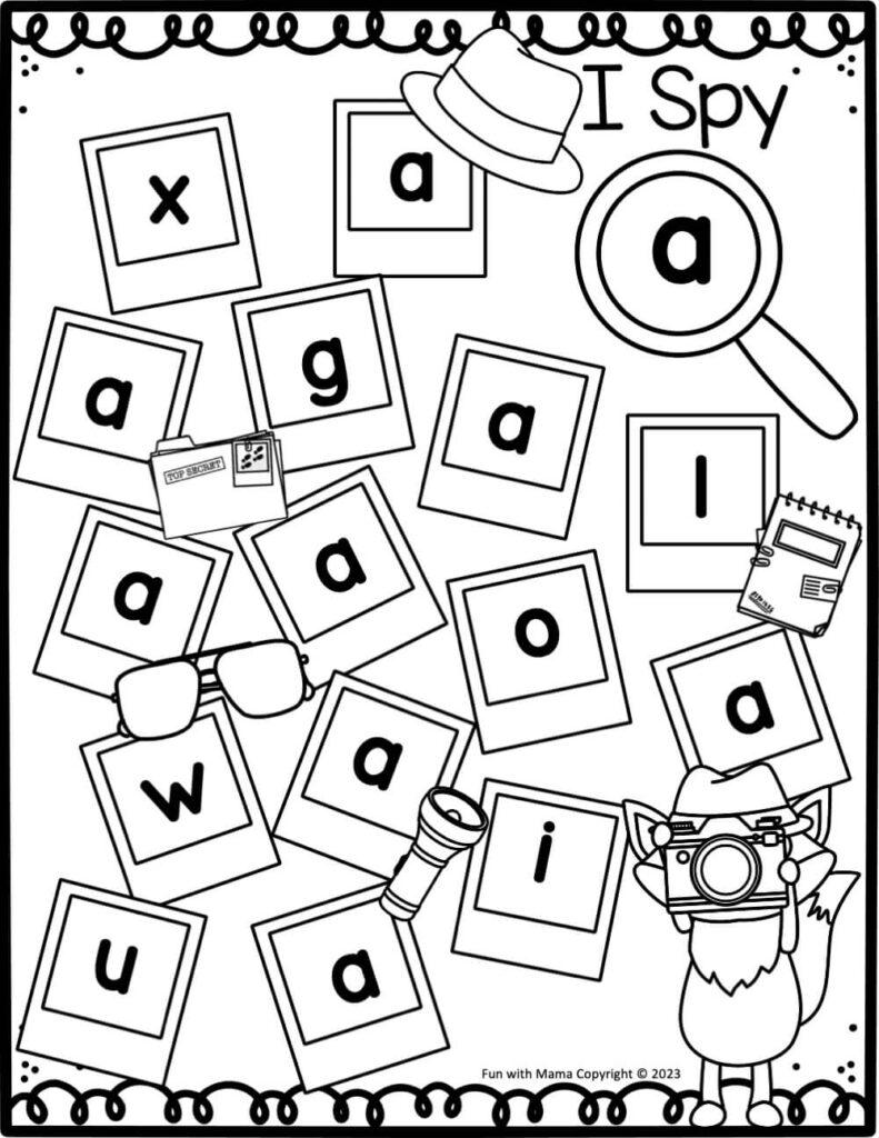 Letter i Spy worksheet with scattered alphabet cards and spy icons