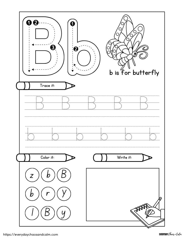 Letter B tracing worksheet with butterfly illustration