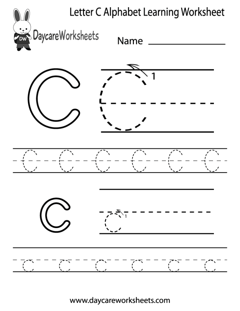 Letter C alphabet learning worksheet with tracing lines