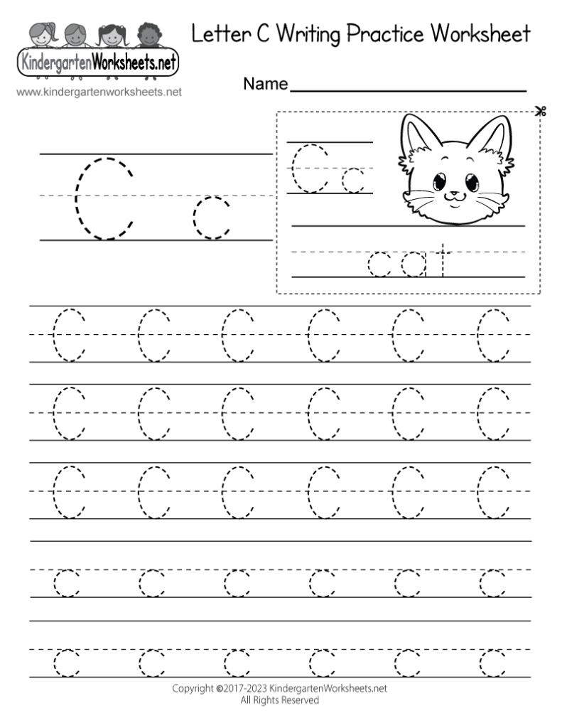Letter C writing practice worksheet with cat illustration