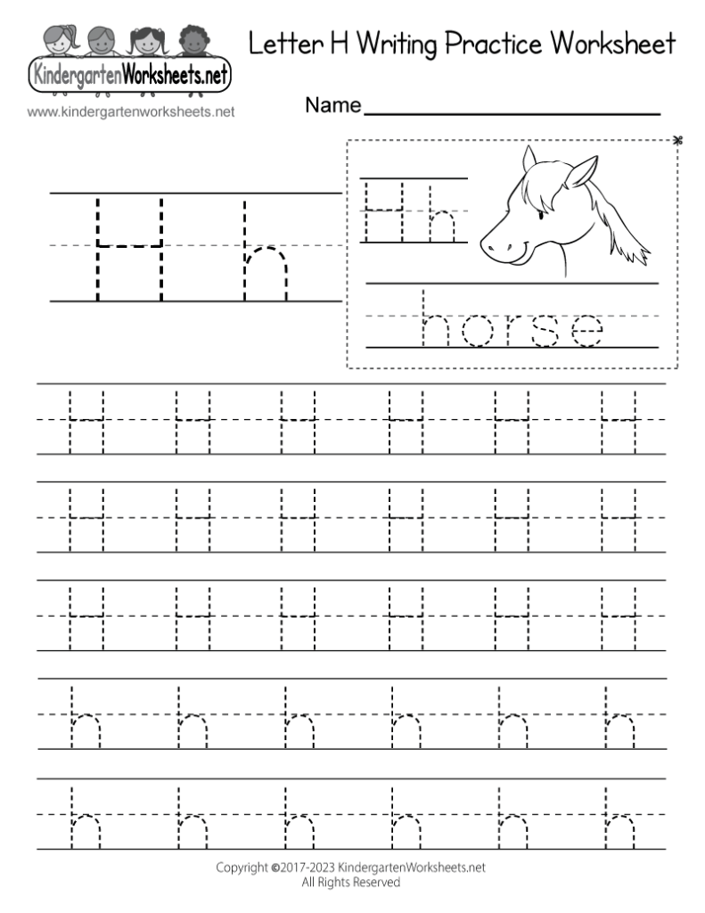 Letter H handwriting practice worksheet with horse drawing