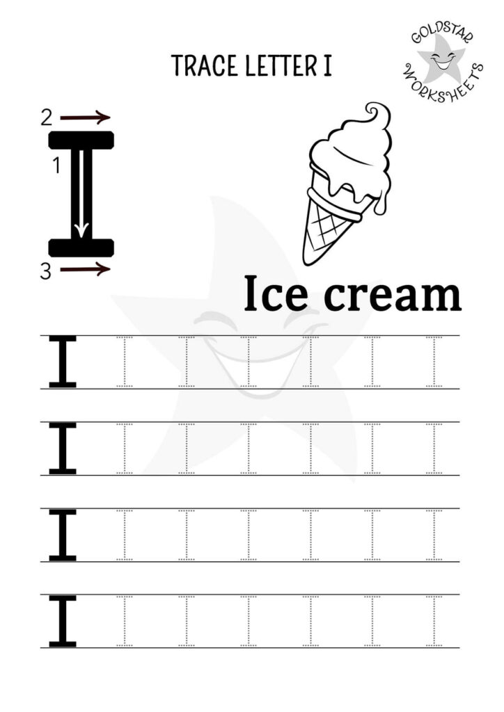 Letter I tracing worksheet with ice cream cone