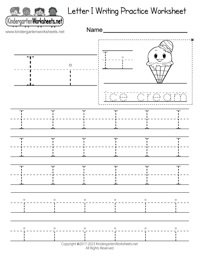 Letter I writing practice worksheet with ice cream cone illustration