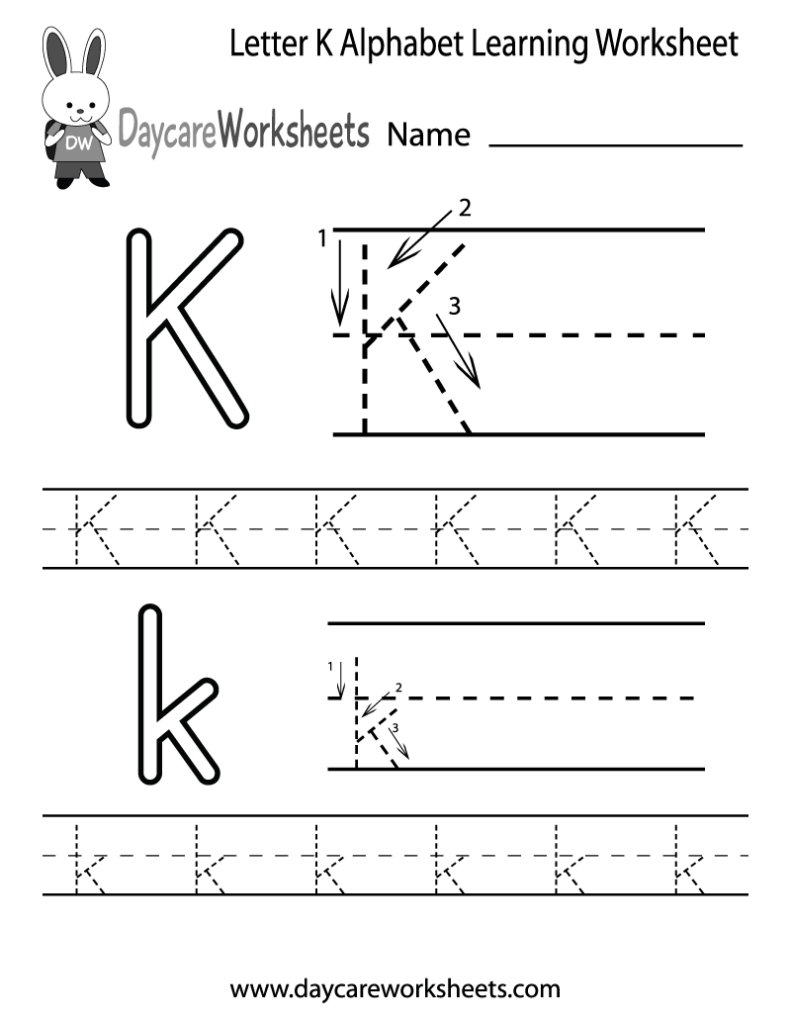 Letter K alphabet tracing worksheet with bunny logo