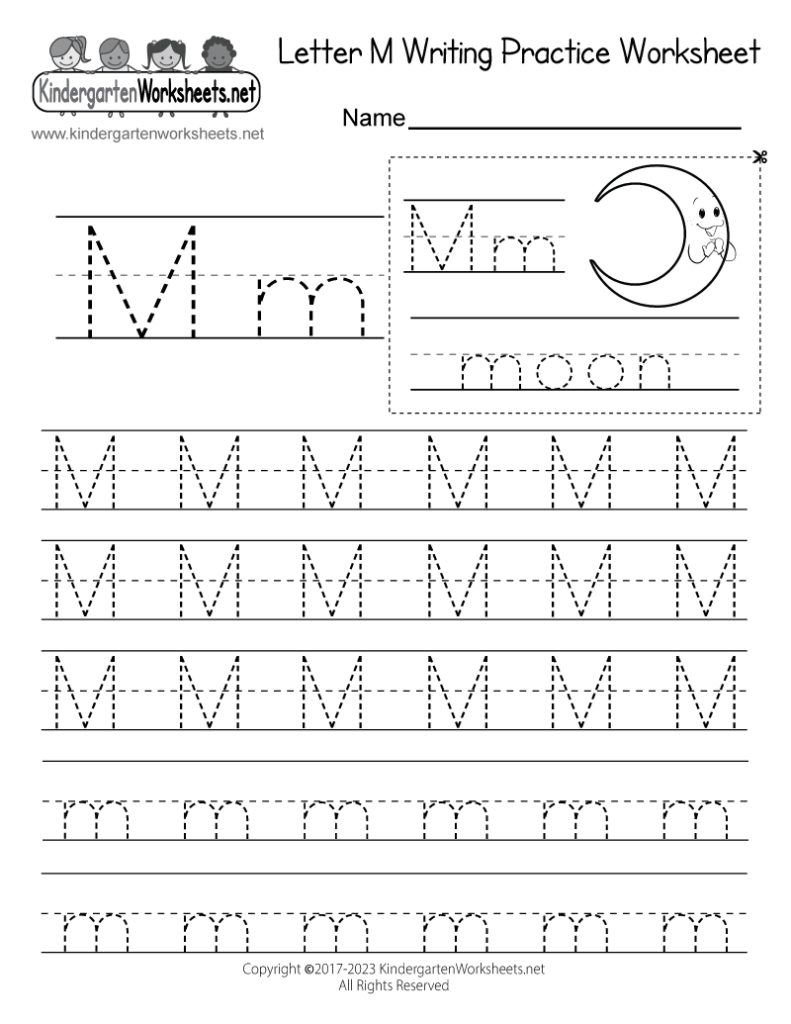 Letter M writing practice worksheet with moon illustration