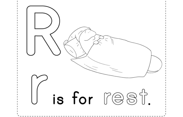 Letter R alphabet worksheet with sleeping animal drawing