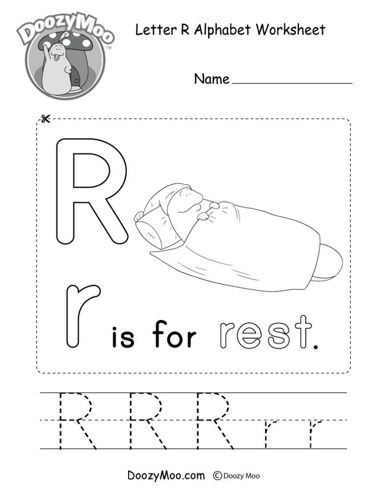 Letter R alphabet worksheet with sleeping animal drawing