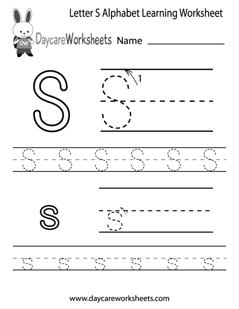 Letter S alphabet learning worksheet with tracing lines