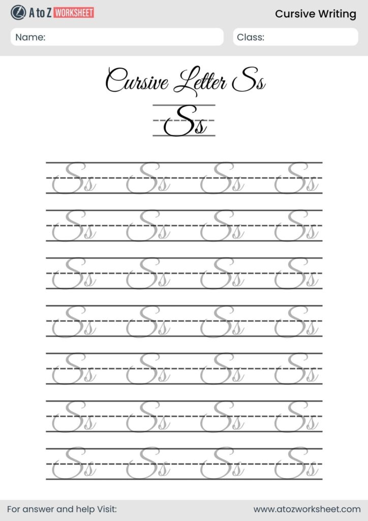 Cursive writing worksheet for letter S on lined pages