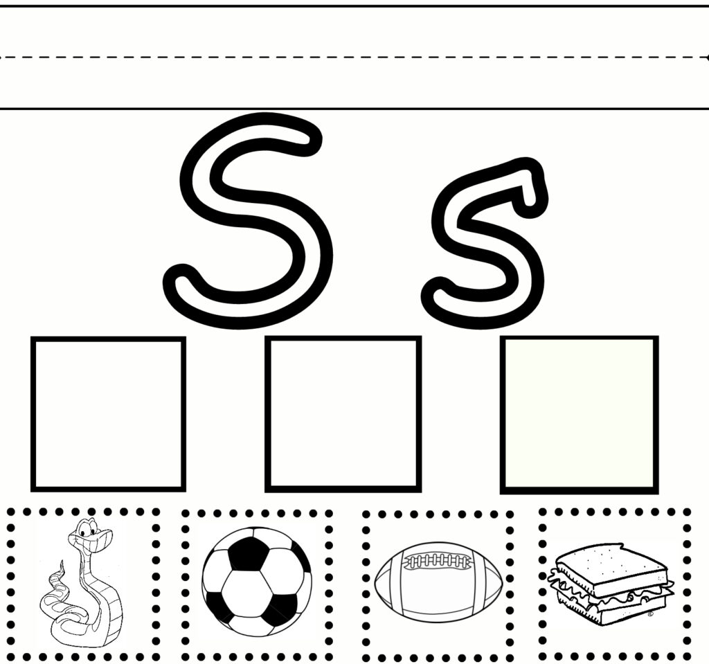 Letter S worksheet with pictures of snake, soccer ball, football, sandwich