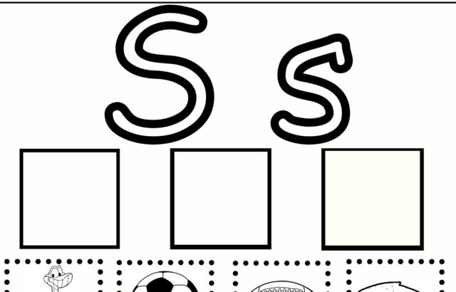 Letter S worksheet with pictures of snake, soccer ball, football, sandwich