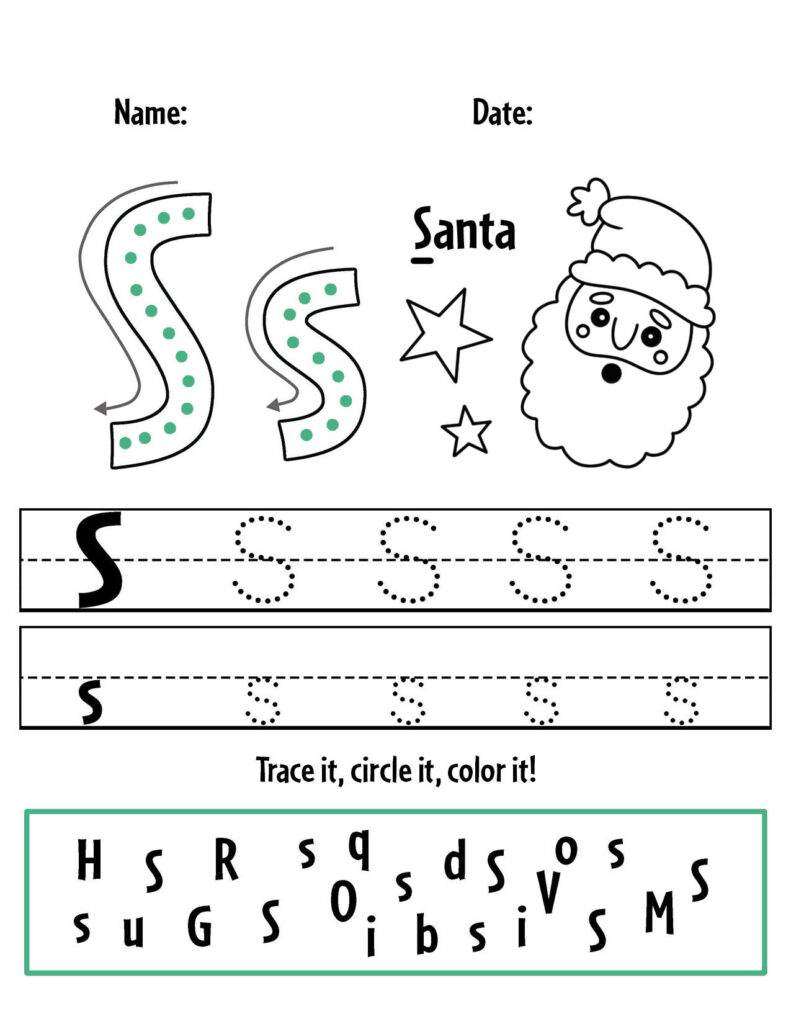 Santa letter S tracing worksheet with stars and Santa face