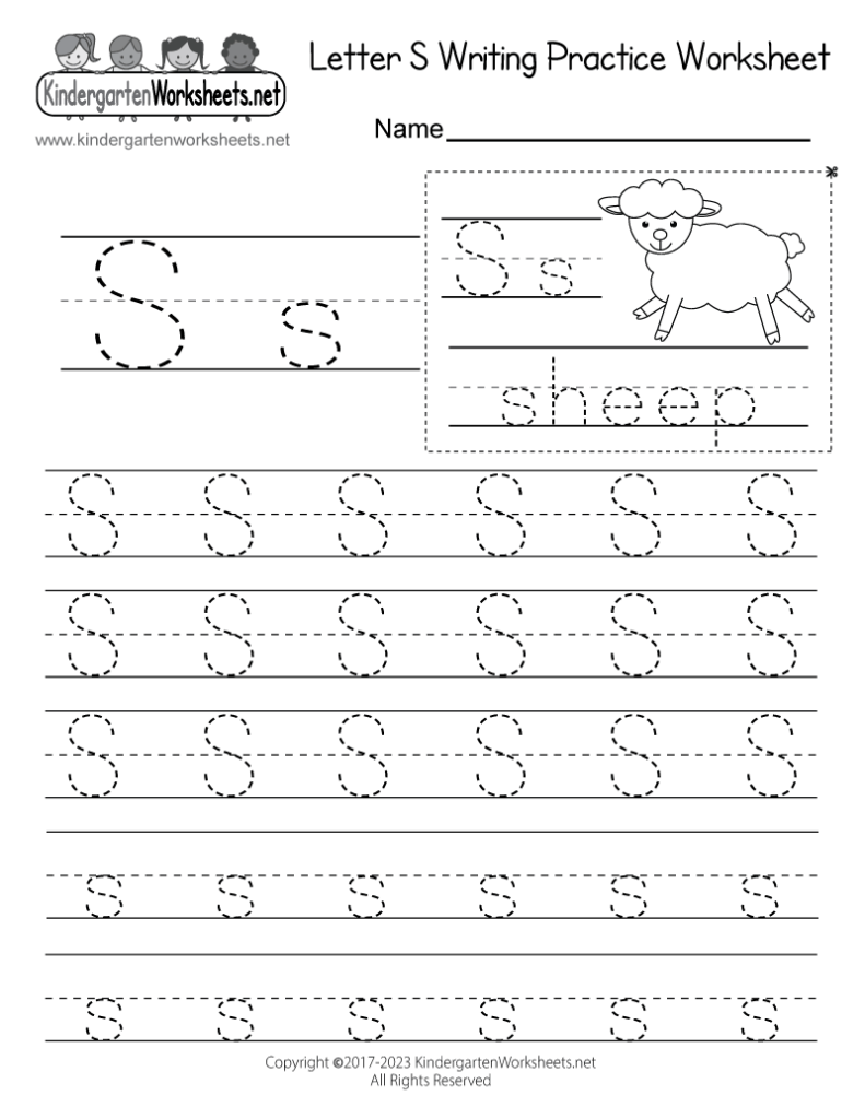 Letter S writing practice worksheet with sheep illustration