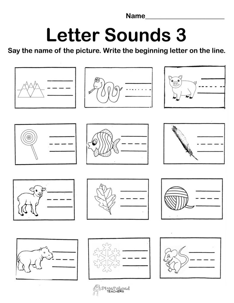 Letter sounds worksheet with twelve picture boxes
